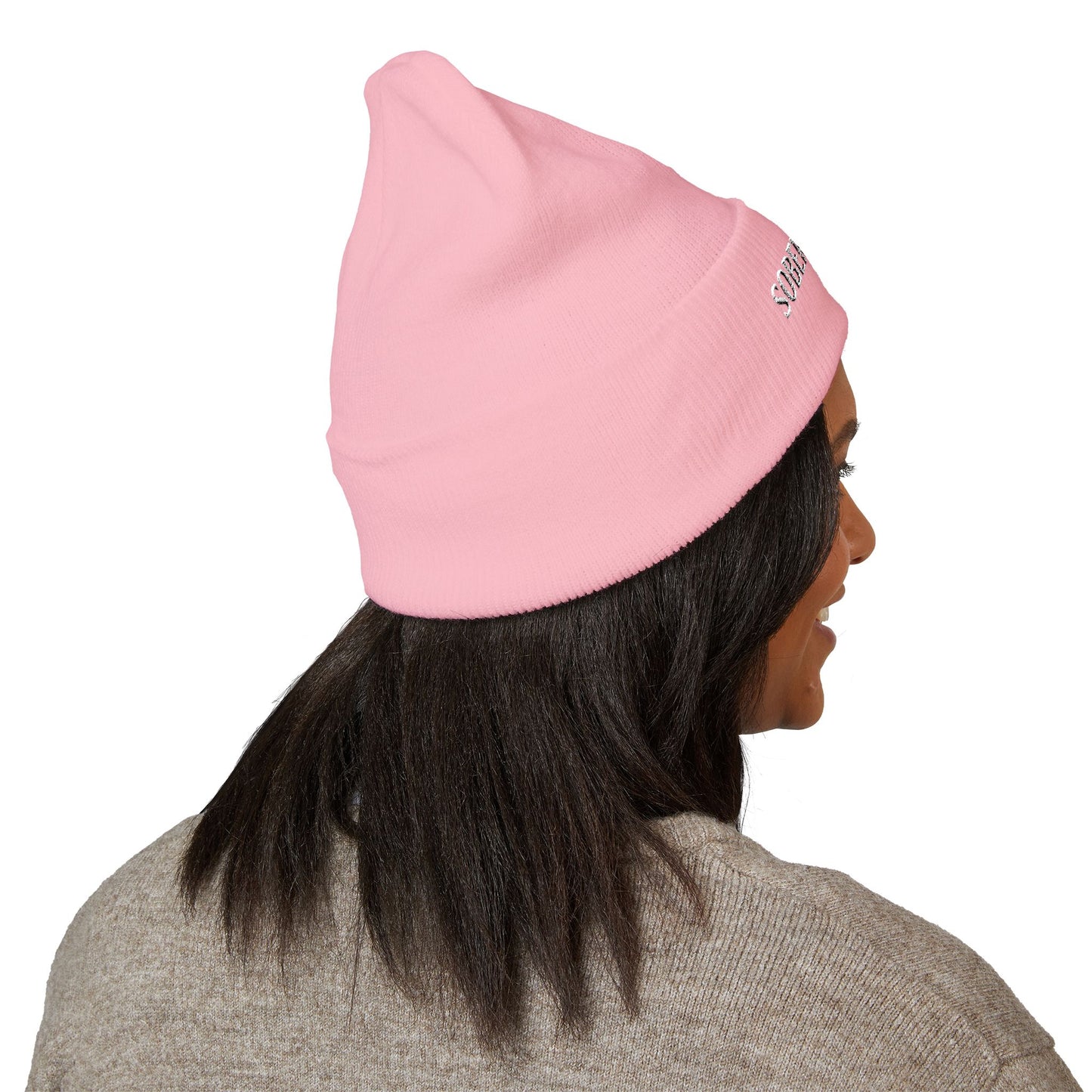 Sober Society Embroidered Cuffed Beanie — Yellow Recovery Knit Hat
