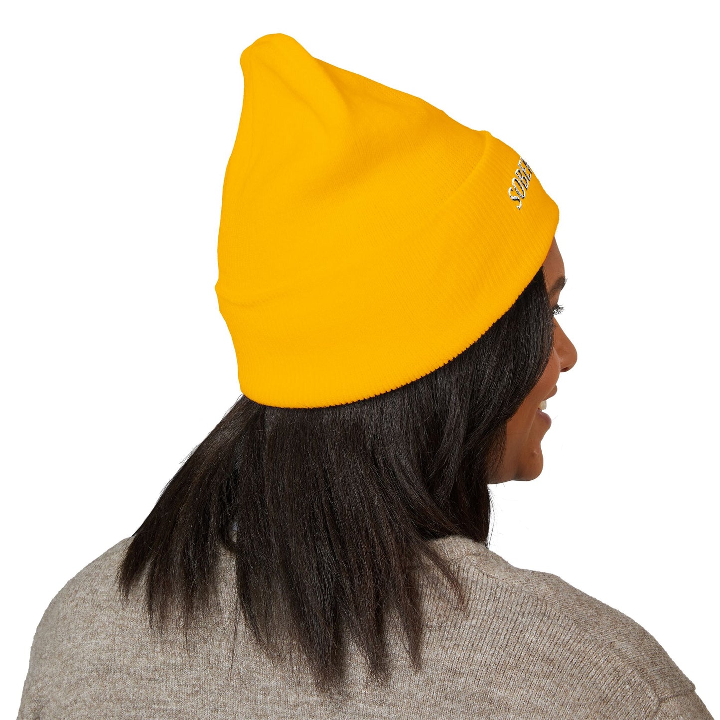 Sober Society Embroidered Cuffed Beanie — Yellow Recovery Knit Hat