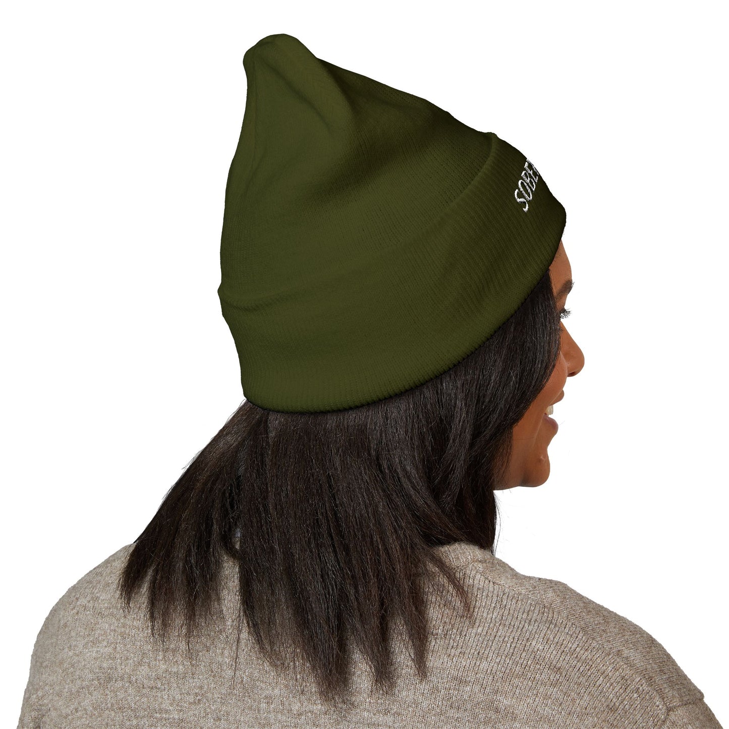 Sober Society Embroidered Cuffed Beanie — Yellow Recovery Knit Hat