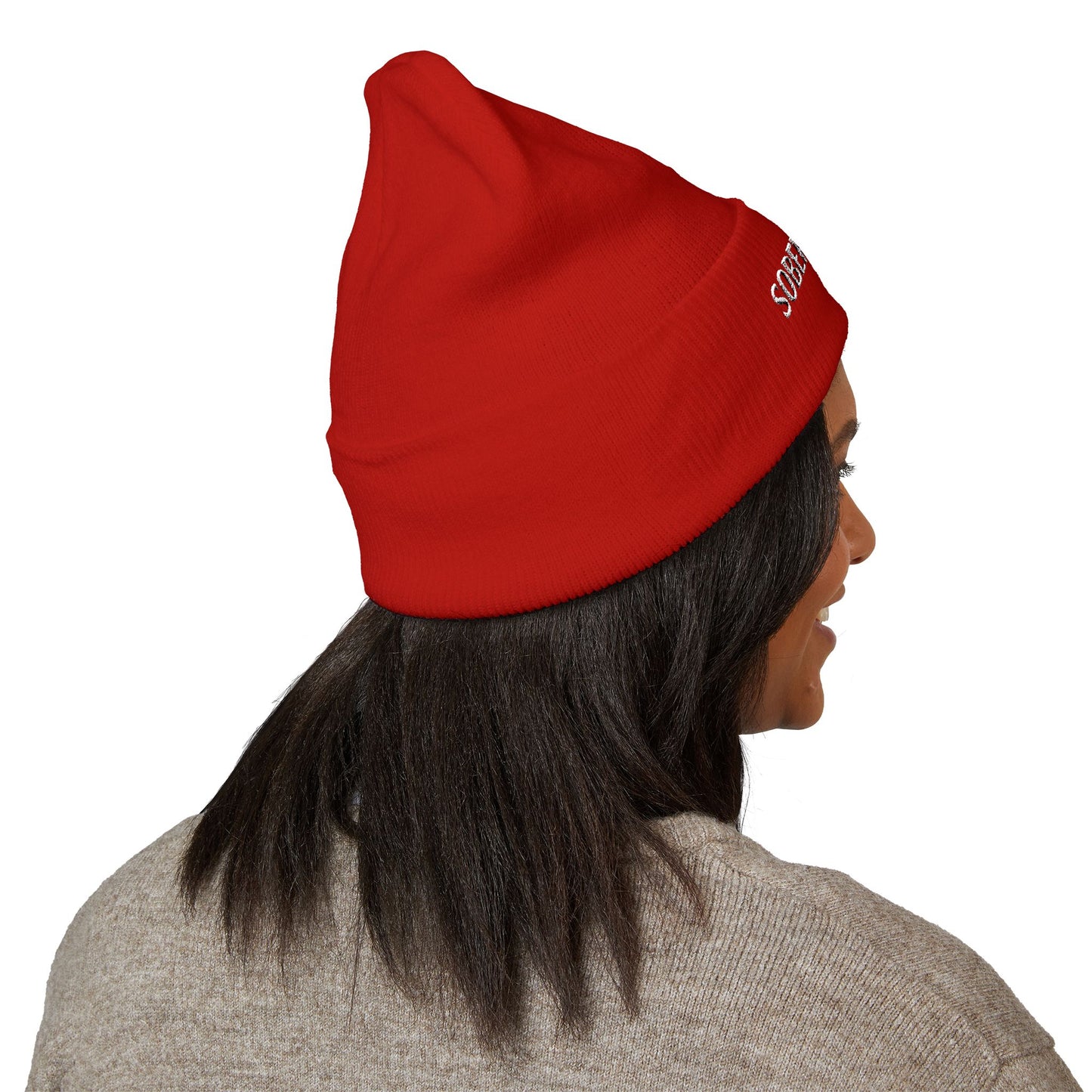 Sober Society Embroidered Cuffed Beanie — Yellow Recovery Knit Hat