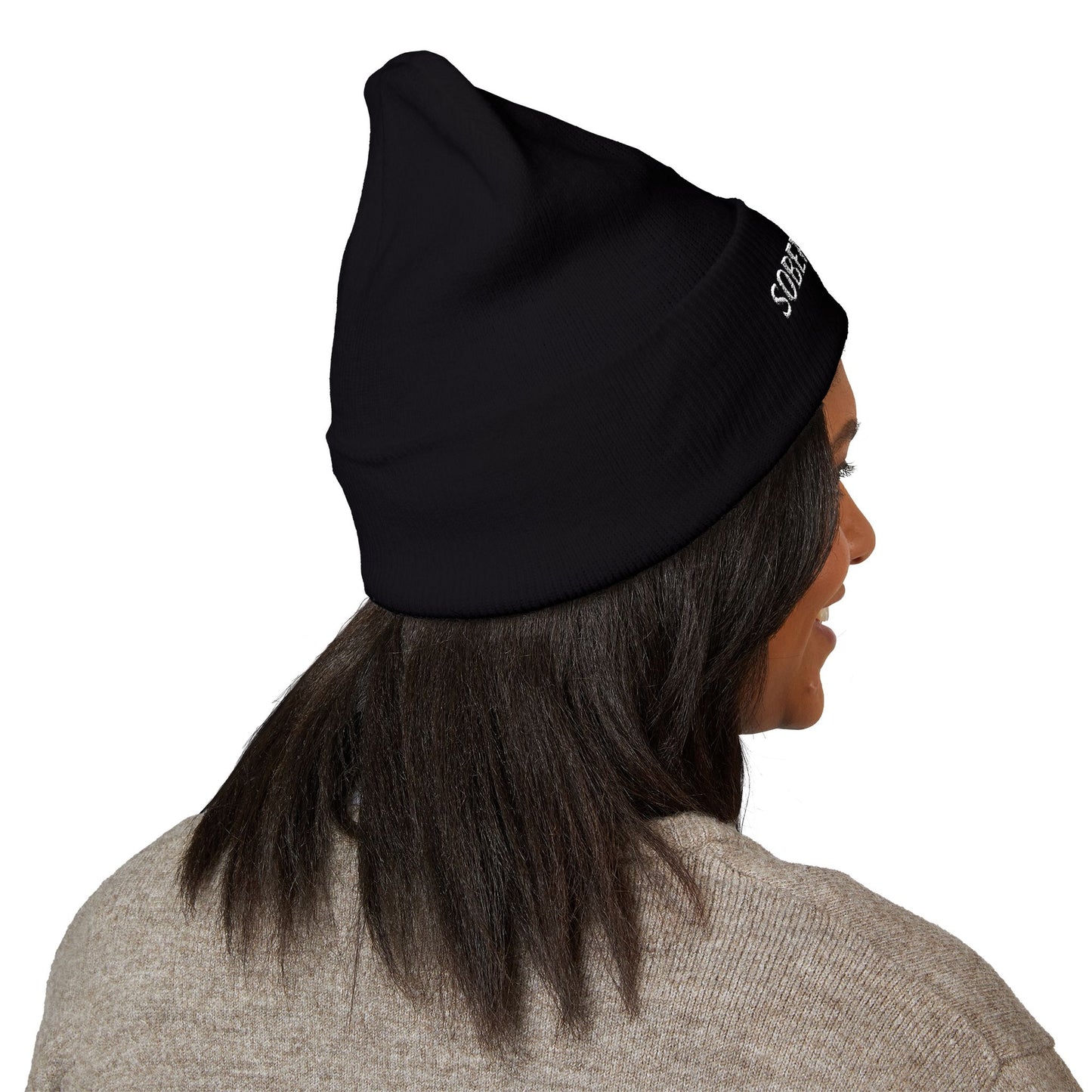 Sober Society Embroidered Cuffed Beanie — Yellow Recovery Knit Hat